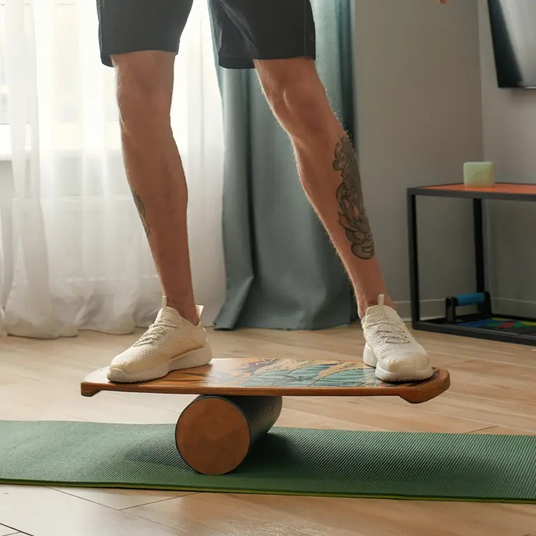 Mann surft auf Balance Board auf Yogamatte im Wohnzimmer