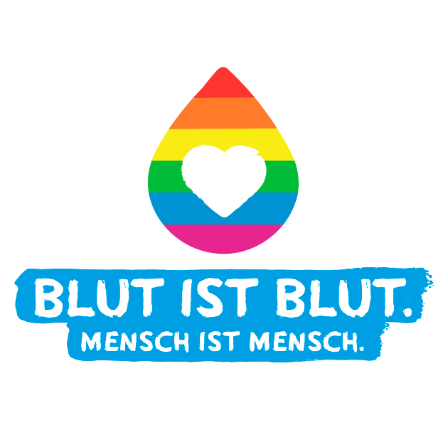 Bluttropfen in Regenbogenfarben und dem Claim Blut ist Blut. Mensch ist Mensch.