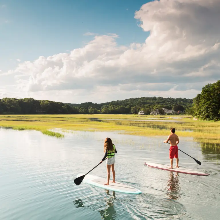 Junge Frau und Mann auf Stand up Paddle am See