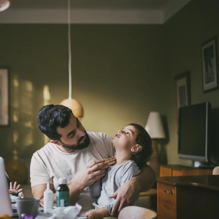 Mann hält krankes Kleinkind auf dem Schoß und tastet den Hals ab.