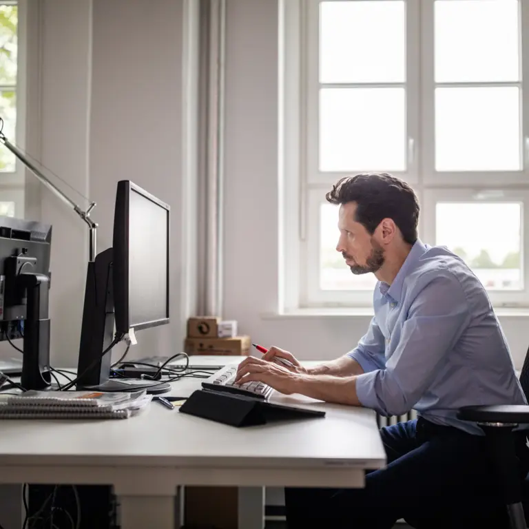 Mann sitzt am Computer im Büro.