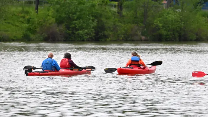 Gruppe Kanufahrer auf einem Fluss