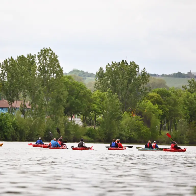 Gruppe Kanufahrer auf einem Fluss