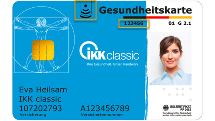 elektronische Gesundheitskarte, auf der der NFC-Hinweis und die Card Access Number markiert sind