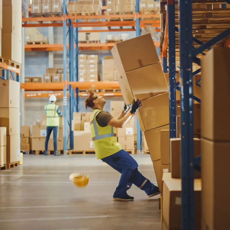 Arbeitnehmer holt Kartons aus einem Hochregal, die auf ihn fallen werden