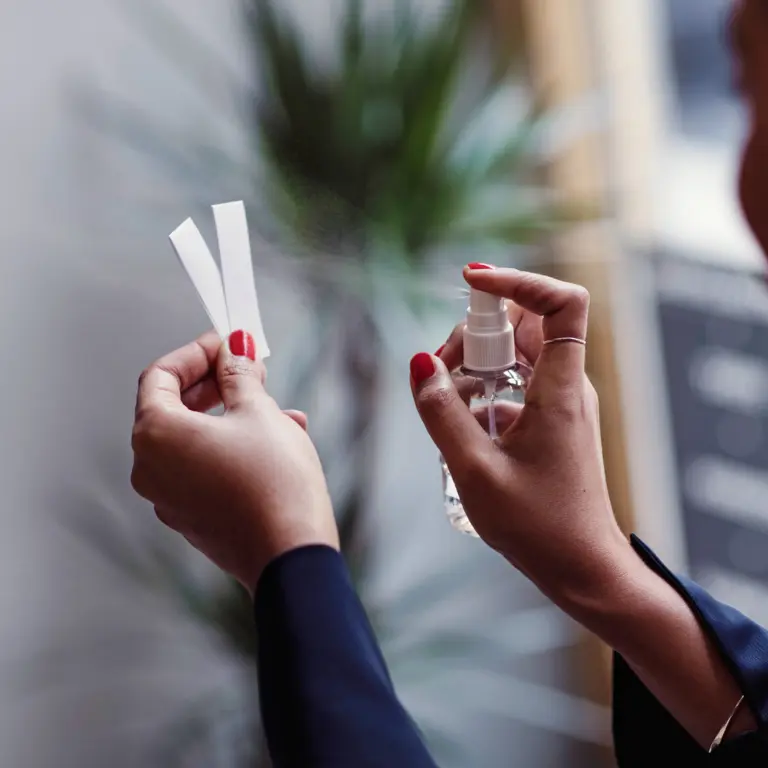 Frau sprüht Parfum auf Teststreifen
