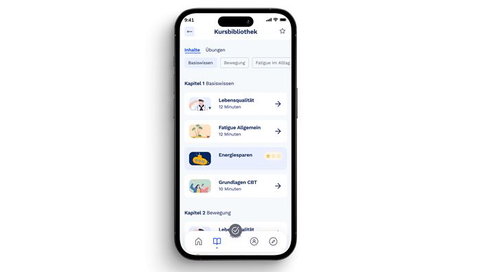 Screen der Kursbibliothek in der Fimo Health App