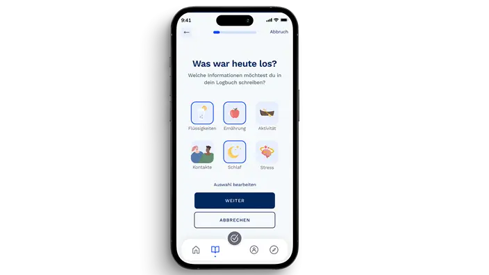 Screenshot des Tagebuchs der Fimo Health App