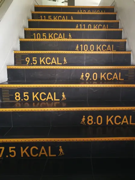 Blick auf eine Treppe, die pro Stufe die Kilokalorien im Verbrauch anzeigt.