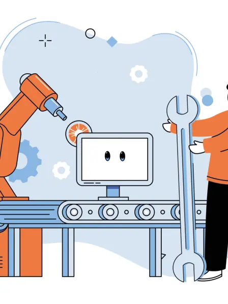 Illustration: Ein Mann mit riesigem Schraubenschlüssel steht vor einem Fließband