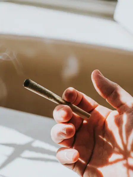 Eine Hand, die einen qualmenden Joint hält. 
