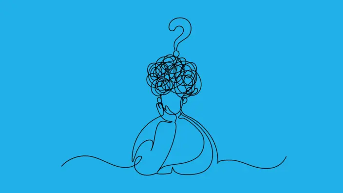 Illustration einer an sich zweifelnden Person aus schwarzen Linien mit blauem Hintergrund.