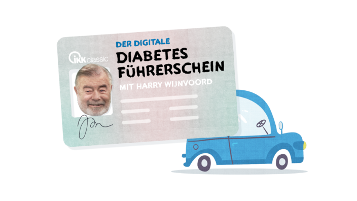 Key Visual des Digitalen Diabetes-Führerscheins; bei Klick auf das Bild startet ein kurzes Intro-Video mit Harry Wijnvoord