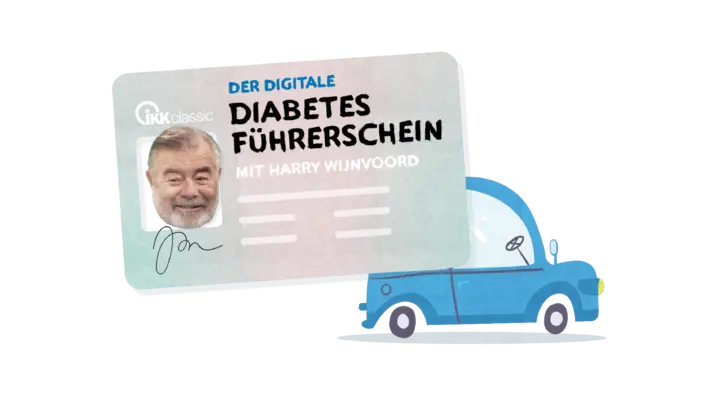 Key Visual des Digitalen Diabetes-Führerscheins; bei Klick auf das Bild startet ein kurzes Intro-Video mit Harry Wijnvoord