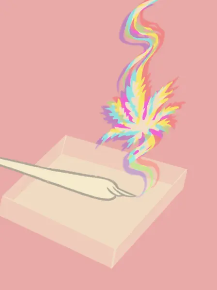 Zeichnung eines Joints, von dem bunter Rauch ausströmt, der die Form eines Cannabis-Blattes bildet 