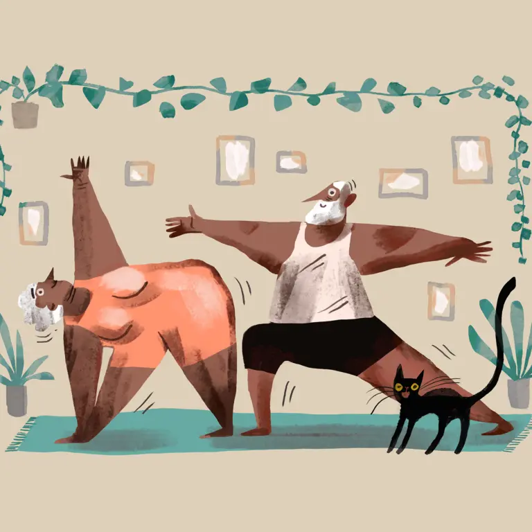 Illustration mit Frau, Mann und einer Katze beim Yoga