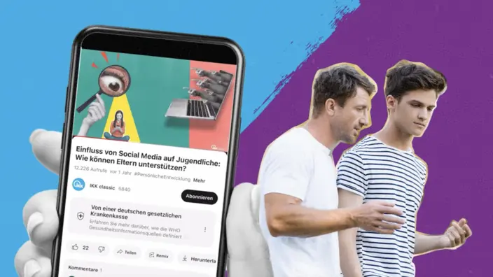 Zwei Personen unterhalten sich, während im Vordergrund ein Smartphone erscheint. 