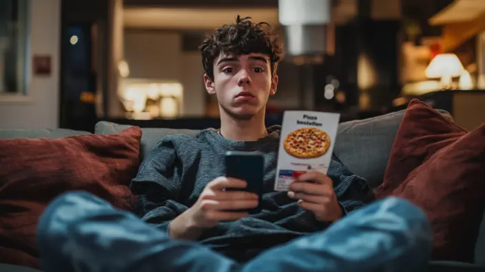 Junger Mann sitzt auf dem Sofa mit Smartphone und Pizza-Flyer in der Hand. 