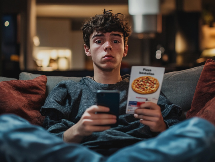 Junger Mann sitzt auf dem Sofa mit Smartphone und Pizza-Flyer in der Hand. 