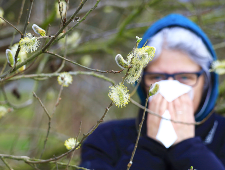 Eine Frau steht schnäuzend mit einem Taschentuch direkt vor einem Baum und seinen Blüten