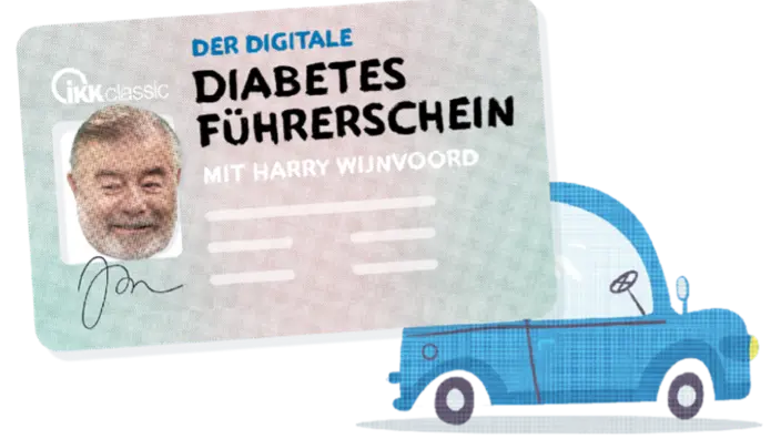 Illustration: Digitaler Diabetesführerschein mit einem blauen Auto im Hintergrund