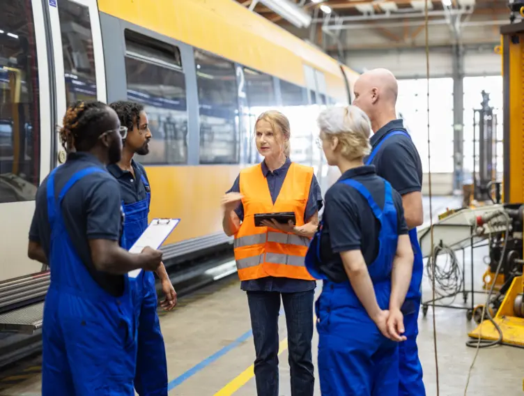 Eine Gruppe von Handwerkern stehen zusammen und besprechen sich. 