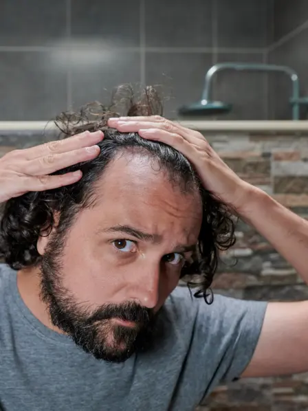 Mann steht im Bad und sieht sich seine Haare genau an. 