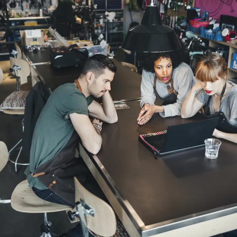 Zwei Handwerkerinnen und ein Handwerker sitzen an einem Tisch und schauen in einen Laptop. 