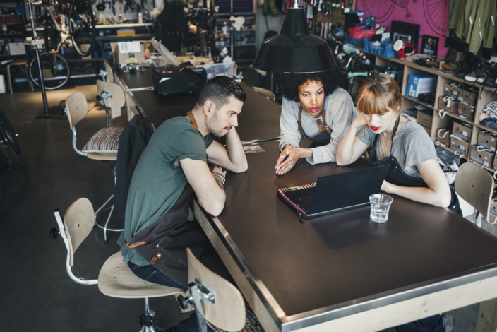 Zwei Handwerkerinnen und ein Handwerker sitzen an einem Tisch und schauen in einen Laptop. 