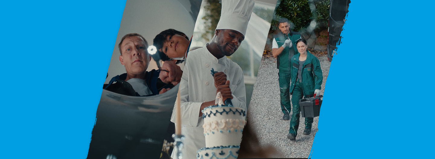 Fotos von drei verschiedenen Handwerkern umgeben von einem blauen Hintergrund.