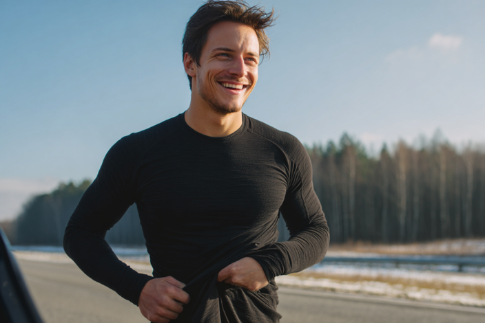 Ein Mann lächelt zufrieden in seiner Thermokleidung, während er am Joggen ist.