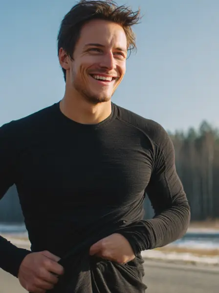 Ein Mann lächelt zufrieden in seiner Thermokleidung, während er am Joggen ist.