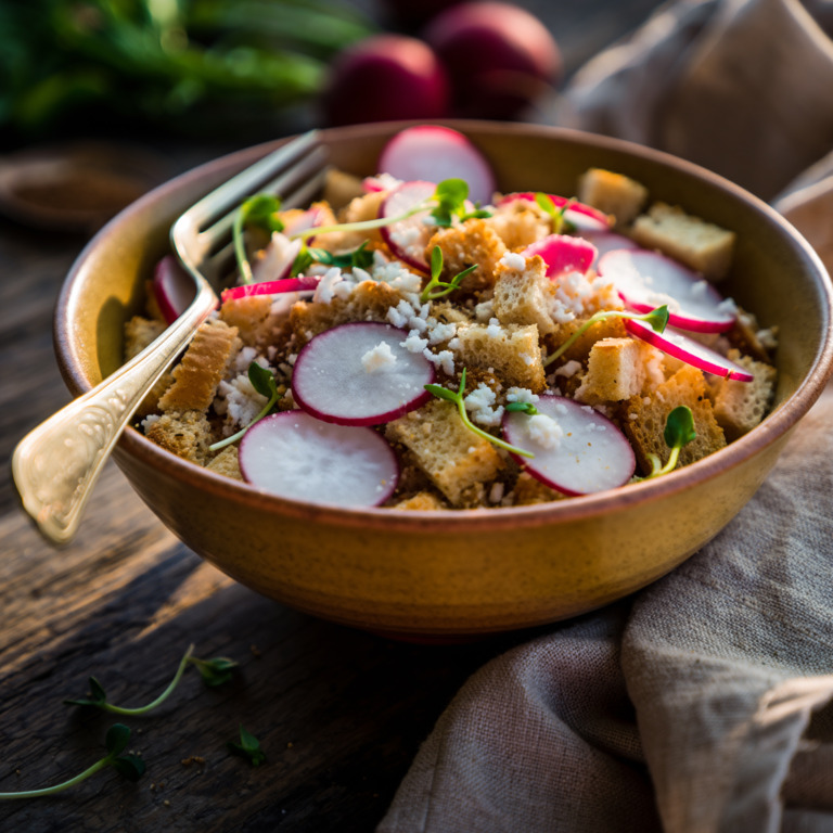 Brotsalat mit Radieschen in einer Schüssel.