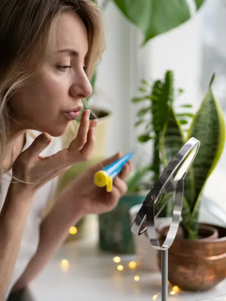 Frau behandelt ihren Lippenherpes vor einem Spiegel. 