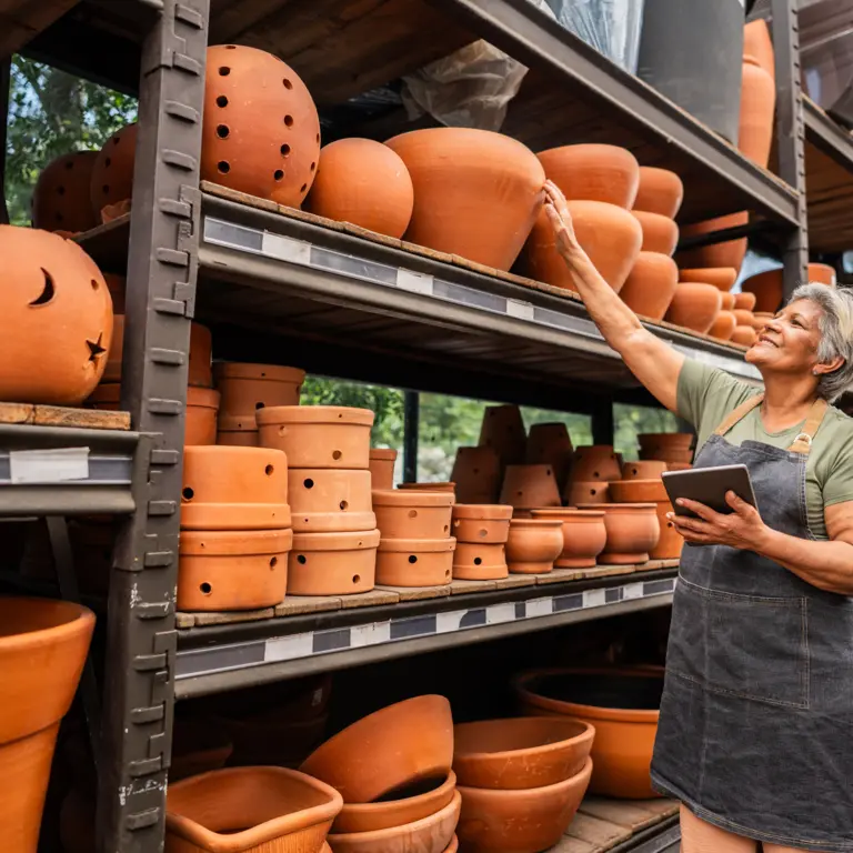 Ältere Frau arbeitet in einem Baumarkt und steht vor einem Blumentopf-Regal.