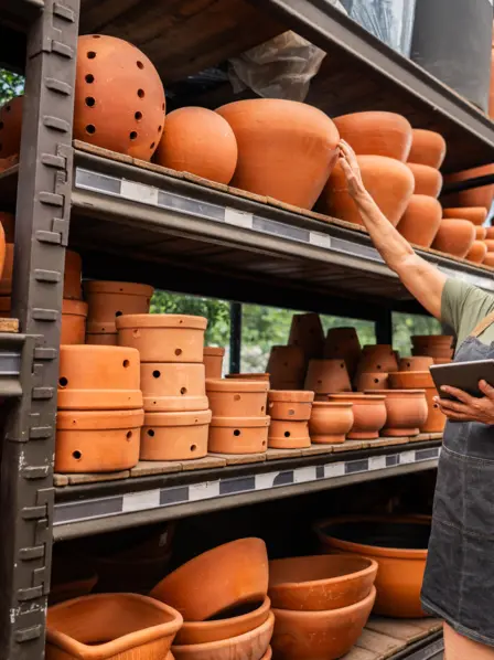 Ältere Frau arbeitet in einem Baumarkt und steht vor einem Blumentopf-Regal.