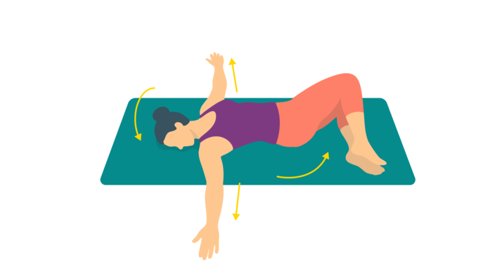 Illustration einer Frau, die die Dreh-Dehn-Lagerung ausführt.