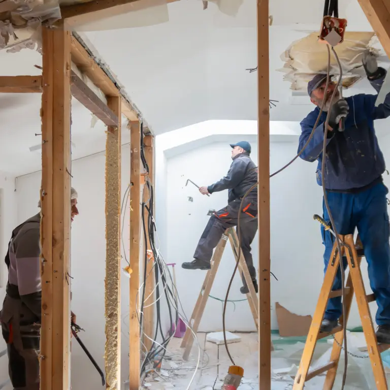 Drei Handwerker renovieren ein Zimmer.
