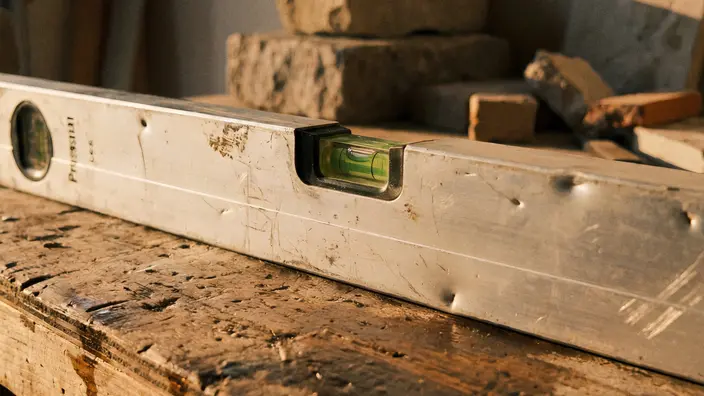 Eine Wasserwaage liegt auf einem Handwerkstisch.