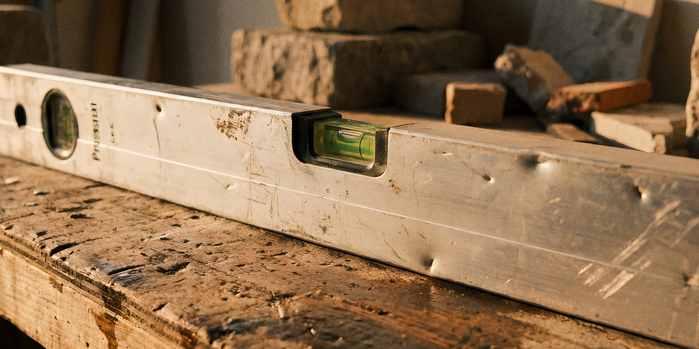 Eine Wasserwaage liegt auf einem Handwerkstisch.