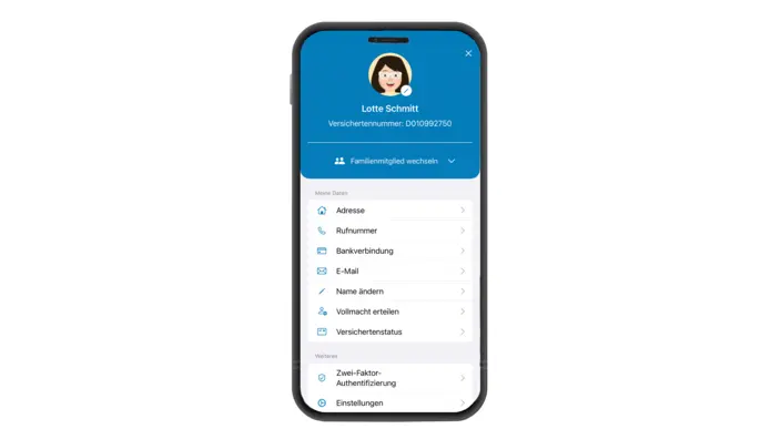 Handyscreen der IKK classic-App mit Familienprofil