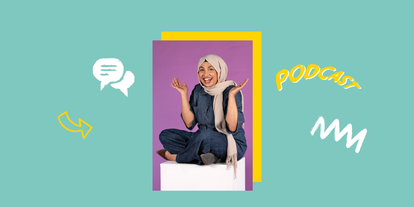 Psychologin Urooba vor einem türkisenen Hintergrund von illustrierten Icons umgeben.
