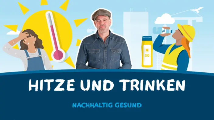 Doc Esser steht vor einer Collage, die zeigt, wie wichtig Trinken bei Hitze ist