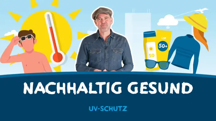 Doc Esser steht vor einer Collage, die zeigt, wie wichtig UV-Schutz ist