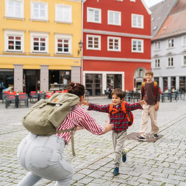 Erstklässler läuft nach Schulschluss in die geöffneten Arme seiner Mutter