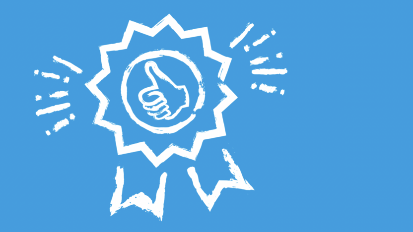 Icon einer sternförmigen Siegerschleife mit einer Hand, die den Daumen nach oben streckt auf blauem Hintergrund.