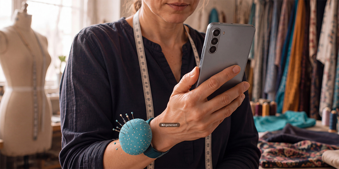Eine Schneiderin mit Nadelkissen ums Handgelenk schaut auf ihr Smartphone in ihrer Hand.