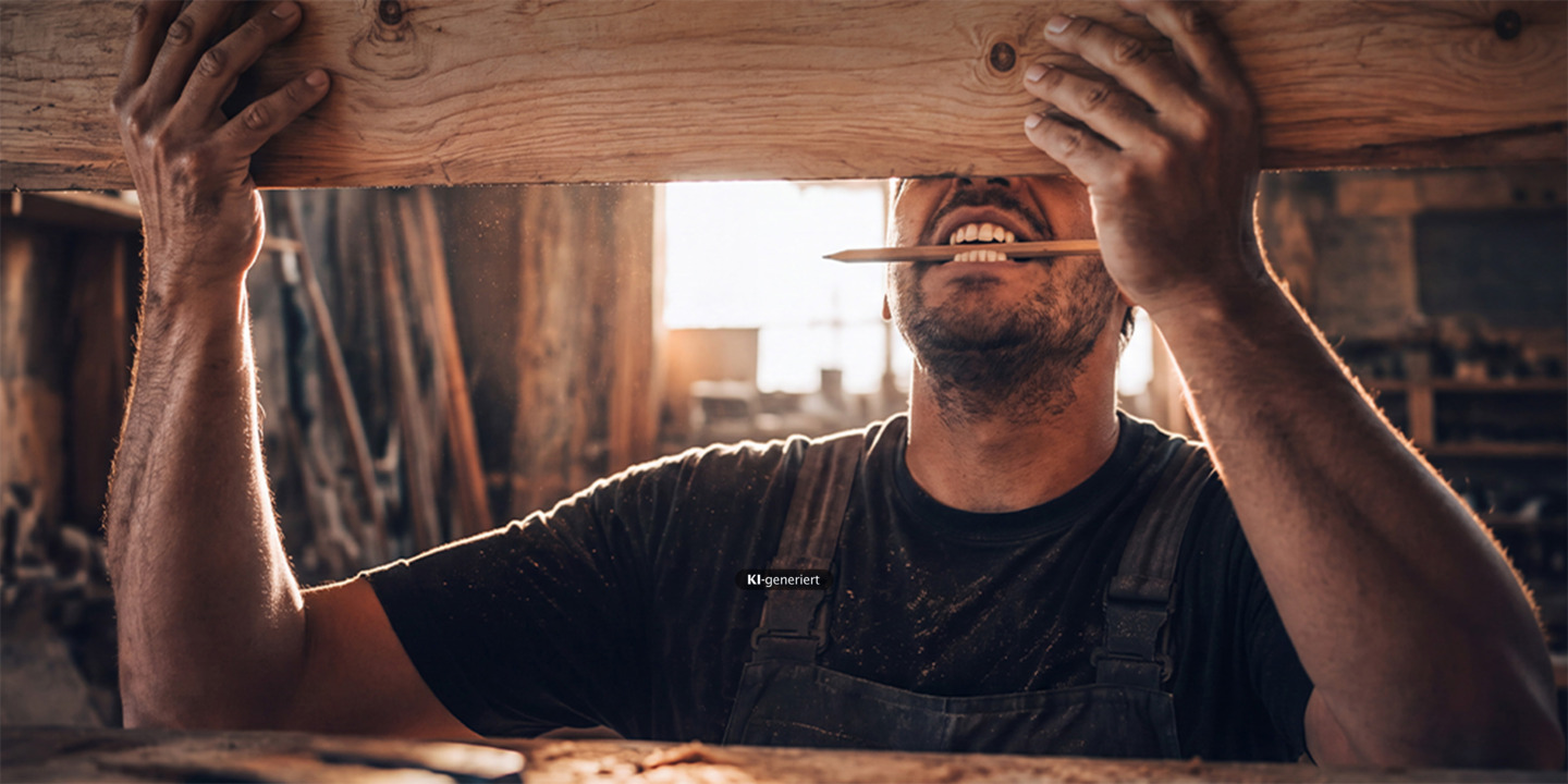Handwerker hält eine Holzlatte nach oben und hat einen Bleistift zwischen den Zähnen.