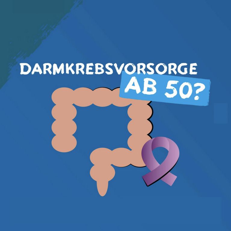 Illustration eines Darms mit einer violetten Schleife und dem Schriftzug Darmkrebsvorsorge ab 50?
