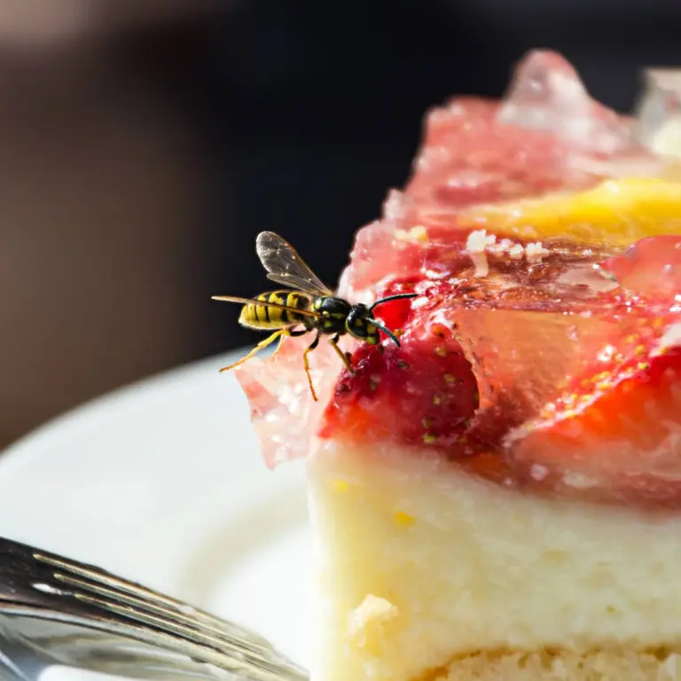 Wespe auf einem Erdbeerkuchen